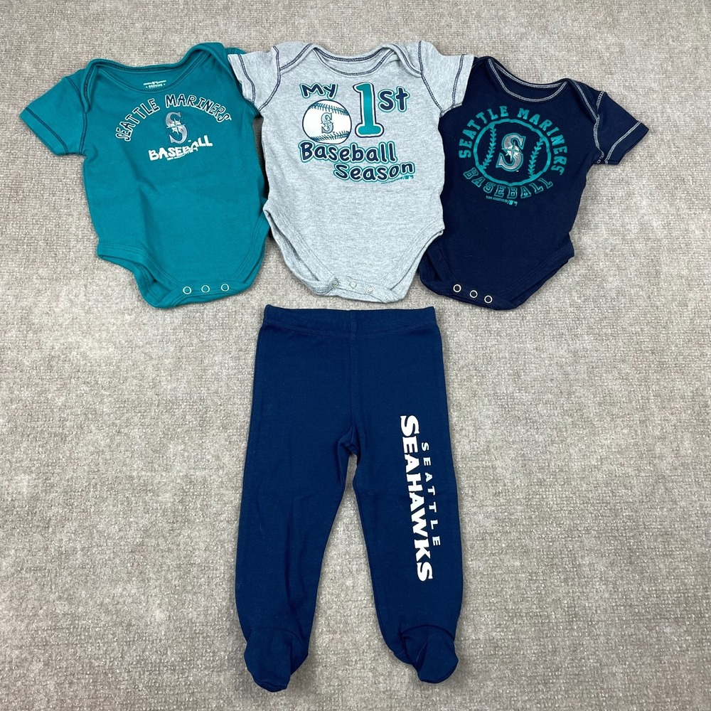 Seattle Mariners MLB Seattle Seahawks NFL Three Baby Bodysuits Footed Pant 3/6M